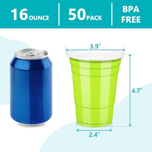Lime Green Plastic Cups - 16 oz Disposable Party Cups, 50 Pack