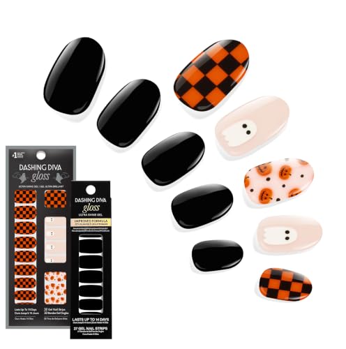 Halloween Gel Nail Strips Bundle - Phantom Check Black & Ghost & Games - Long Lasting, Chip Resistant, UV-Free Manicure - 2 Sets