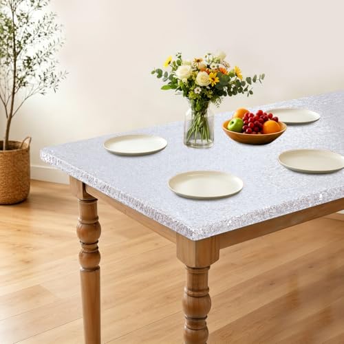 Silver Sequin Fitted Tablecloth for 4ft Rectangular Table - Elastic & Windproof