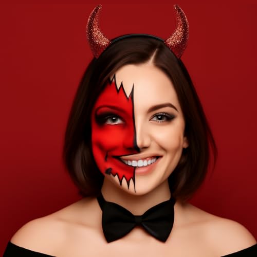 Devil Headband Makeup Kit - Water-Based Red Face Paint, Black Lipstick & Sponge for Halloween Costume