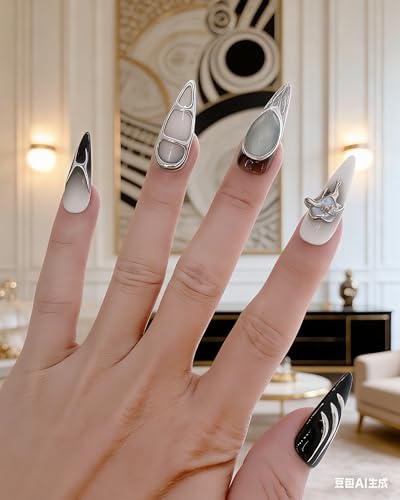 Cyber Goth Black & White Almond Stiletto Press-On Nails with Rhinestones - A70 / S