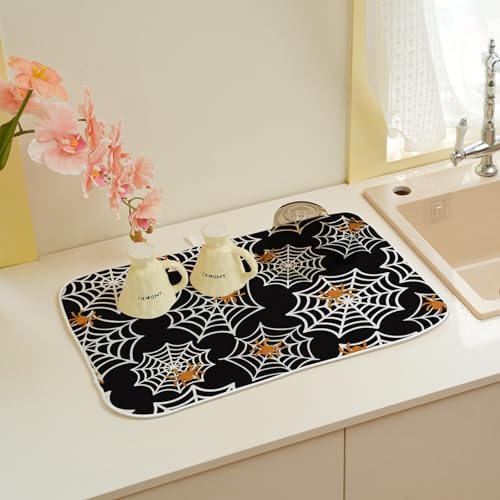 Halloween Dish Drying Mat 18x24 Inch Black Orange Spider Web Pattern - Fall Kitchen Decor