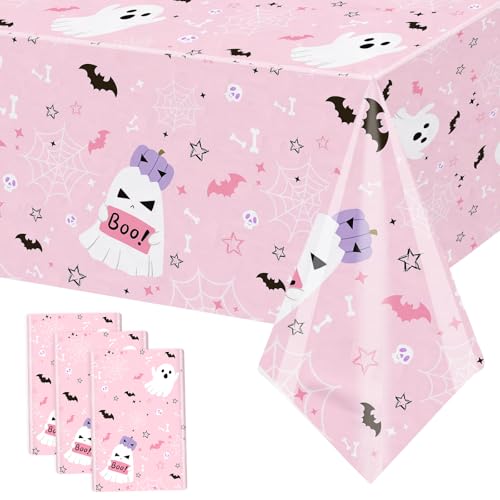 Pink Halloween Plastic Tablecloths - 3 Pack Spooky Party Table Cover - MEHOFOND