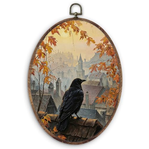 Crow Oval Wall Art Decor - Fall Nature Scene, 8.5x11 Inches, Wooden Frame
