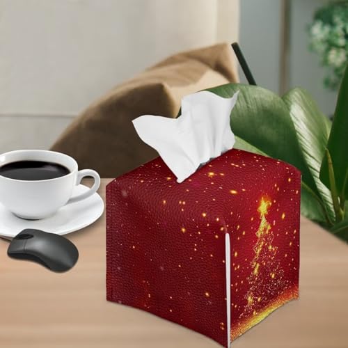 Doginthehole Christmas Tissue Box Cover - Red Golden Xmas Tree Design, Decorative PU Leather