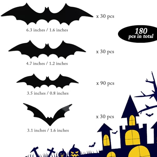 Halloween 3D Bat Wall Decor Set - 180 Pieces Multi Size Bat Stickers