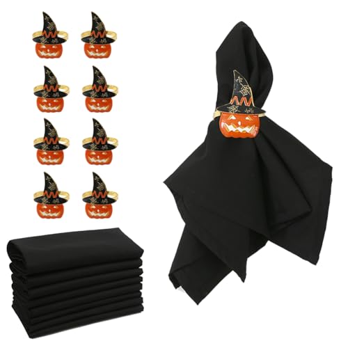 Halloween Cloth Napkins and Pumpkin Ring Set - 16 Pieces for Festive Table Decor