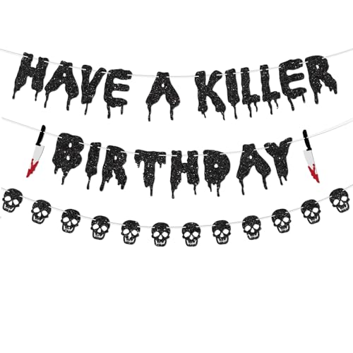 Halloween Birthday Banner Set with Skull Glitter Decorations for Haunted House Party