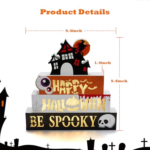 Halloween Indoor 9.4" 4-Tier Wooden Block Set with Glowing 3D Letters & Witch's House Topper — Spooky Decor