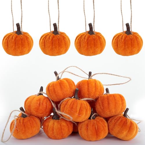 16 PCS Caramel Velvet Pumpkin Ornaments - Mini Hanging Fall Decor