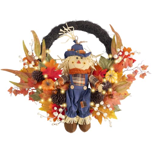 24-Inch Collapsible Fall Wreath with LED Lights for Front Door