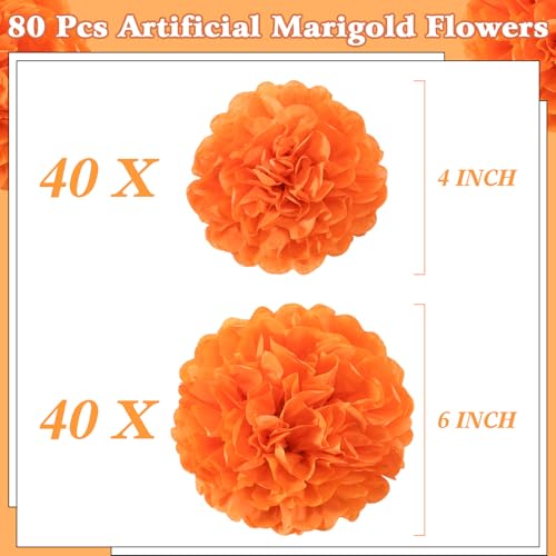 Marigold Paper Flowers Set - 80 Pieces | 4 Inch & 6 Inch Orange