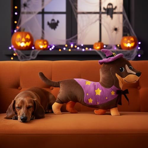 Halloween Dachshund Pillow - Dachshund Halloween Decor with Wizard Hat - 13.8 x 12.2 Inches - Halloween Dachshund Variation