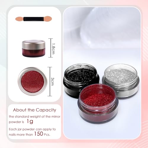 Chrome Nail Powder Set - 3 Colors Mirror Effect Glitter for Nails - Variation of 3ps-Red Black Silver