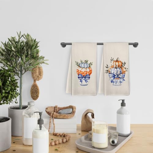 Blue Pumpkin Hand Towels Set of 2 - Kitchen & Bathroom Decor, Chinoiserie Bow