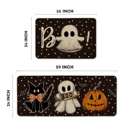 Halloween Pumpkin Kitchen Mats Set of 2 - 24x35 & 24x59 Black