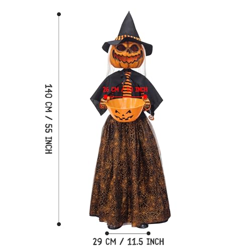 Animated Pumpkin Scarecrow with Candy Bowl Halloween Decoration - Sound Activated, Lights & Singing - 4.5ft - Pumpkin Scarecrow Variation