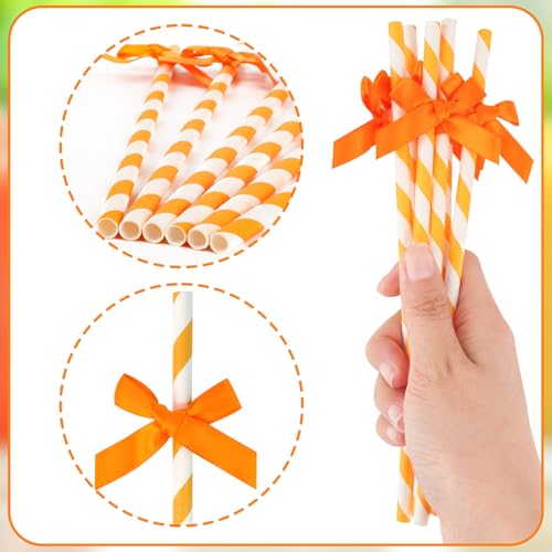Orange Bow Striped Paper Straws - 24 Pack Biodegradable Disposable Drinkware for Parties