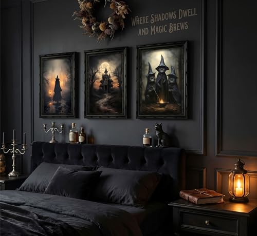 Halloween Canvas Wall Art Set - Dark Academia Gothic Witch Black Cat Castle Framed 16x12