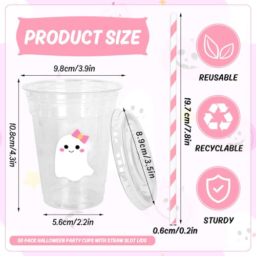 White Ghost Halloween Disposable Plastic Cups with Lids & Straws - 50 Pcs