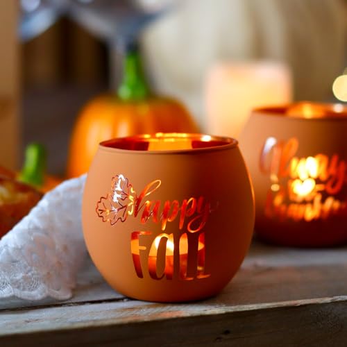 Fall / 6 Pumpkin Glass Votive Candle Holders for Thanksgiving & Fall Decor