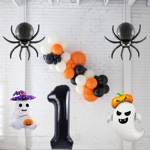 Halloween Balloons Set - 5 Pcs Ghost, Spider, Pumpkin & Number 1 Decorations - Black & Purple Theme