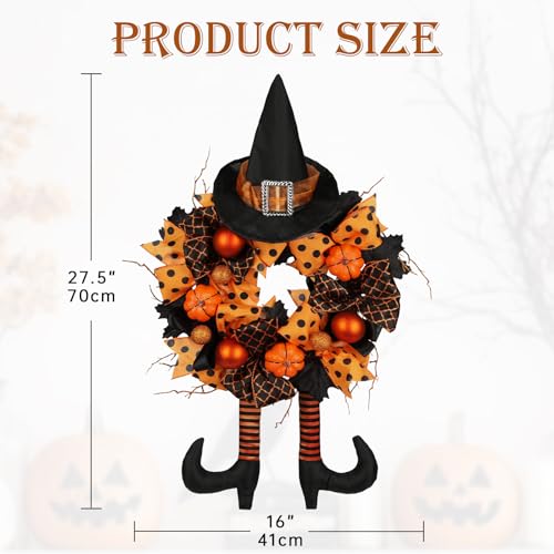 Halloween Wreath for Front Door - 16 Inch Tinsel Black Witch with Hat, Legs & Pumpkin - Orange & Black Variation