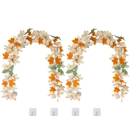 Fall Maple Leaf Garland with White Pumpkins & Berries - 2 Pack, 11.6 Ft Autumn Decor, Thanksgiving Halloween - White Fall Garlands