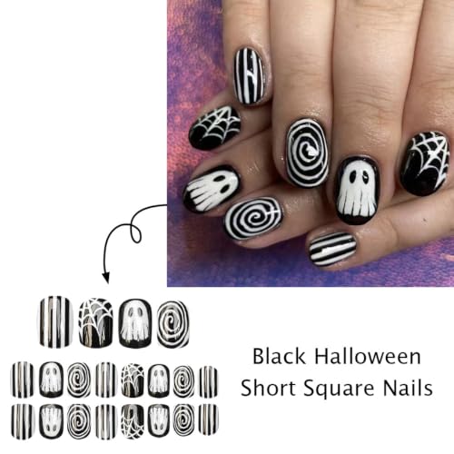 Halloween Ghost Press on Nails Short Square Fake Nails with Black White Ghost Spider Web Swirl Design - Design H2