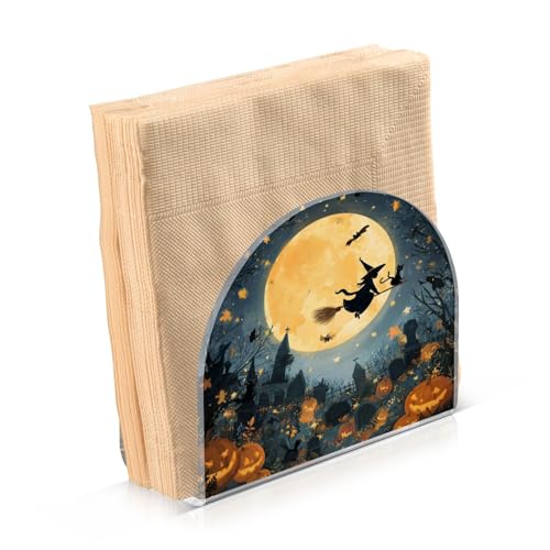 Halloween Witches Graveyard Pumpkins Napkin Holder - Yellow Acrylic Tabletop Dispenser for Kitchen & Dining - Halloween Party Decor