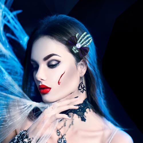 Luminous Skeleton Hand Hair Clips with Black Bow - Halloween Accessory Set