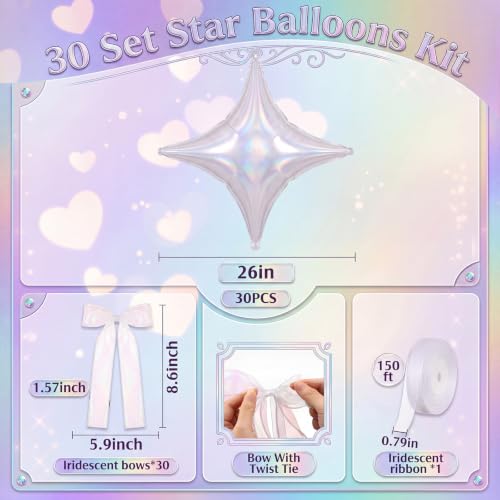 Iridescent Star Balloons Set - 30 Large 26 Inch Foil Balloons with Ribbons & Bows