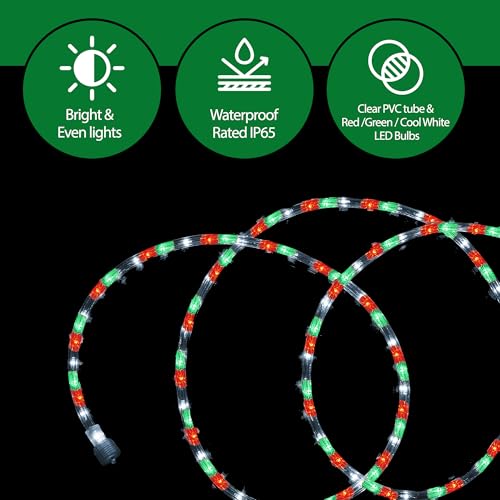 LED Rope Light 24Ft Waterproof Indoor Outdoor Color Variations of Red, Green, White