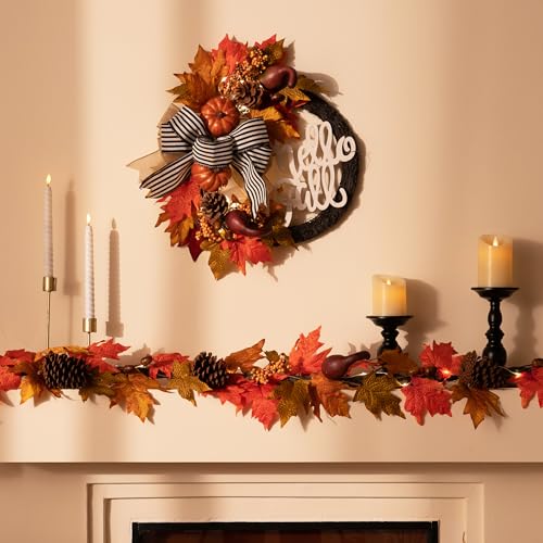 Brown 22-Inch Collapsible Fall Wreath with Pumpkins and Lights - Rustic Door Decor