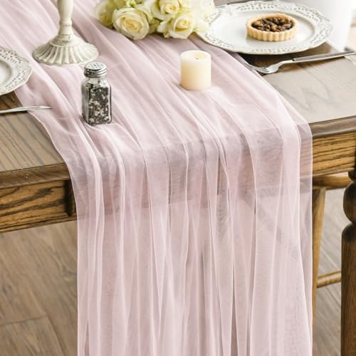 6PCS Blushing Pink Gauze Table Runner Set - 59 x 120 Inch for Holiday & Event Decor