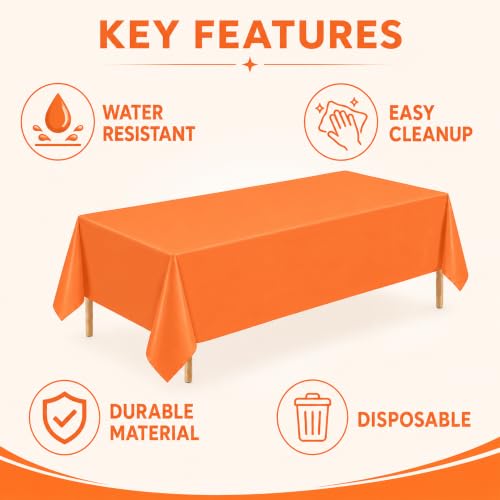 WNINK 3 Pack Orange Plastic Tablecloths - 54 x 108 Inch Disposable Cover