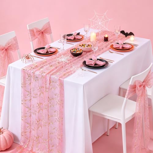 Pink Halloween Gauze Table Runner 120 Inch 3 Pieces - Gold Foil Design, Cracks Pink Gold / 28x120