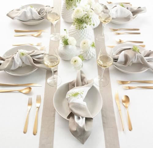 Pure Linen Table Runner 14x120 Inches - Natural & White, Handcrafted, OEKO-TEX Certified
