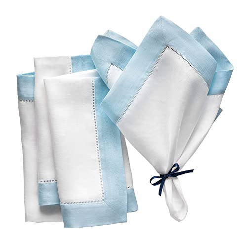 Linen Napkins Set of 4 20x20 Inch White & Light Blue Hemstitch | Flax Linen