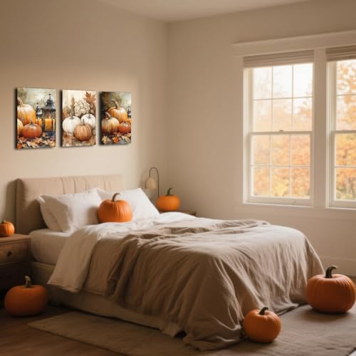 Fall Wall Decor 3 Pieces Farmhouse Pumpkin Autumn Canvas Wall Art Brown 16x24 Inches