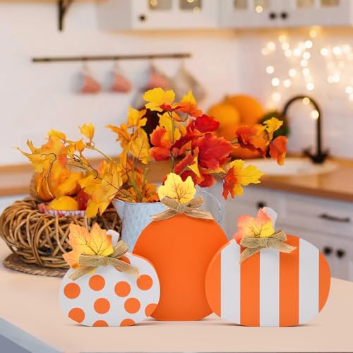 Fall Wooden Pumpkin Decor Set of 3 - Rustic Autumn Table Centerpieces