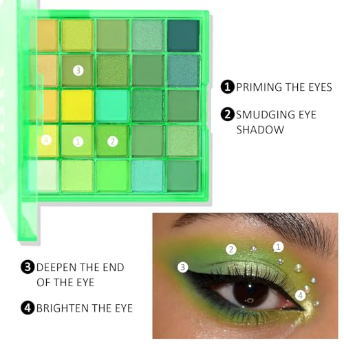 25 Colors Eyeshadow Palette - Green Variation, Highly Pigmented, Long-Lasting & Blendable Makeup for Day & Night