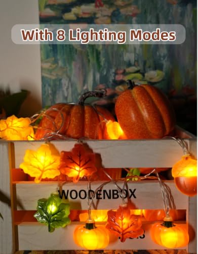Fall Lights Battery Operated 3D Maple Leaves Pumpkins Acorns 10FT 20LED 8 Modes - Autumn Decor