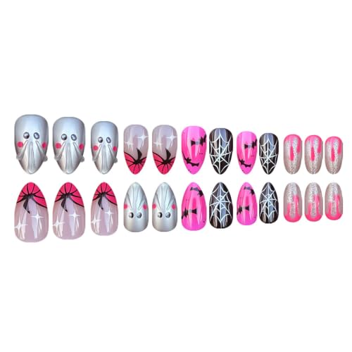 Halloween Press-On Nails Short Almond Fake Nails with Ghost Pumpkin Glitter Bat Spider Web Designs - 24Pcs