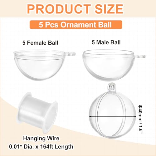1.6 Inch Clear Plastic Ornament Ball with Wire - 5 Pack Christmas & Party Decorations