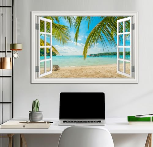 Large Tropical Beach Ocean Canvas Wall Art - Blue Seascape, Ready to Hang, 32x48 Inches, Coastal Living Room Decor - Variation: Palm Tree Style