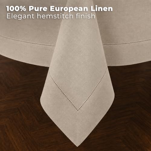 Natural Linen Rectangle Tablecloth 120 x 60 Inch - Hemstitch, Machine Washable