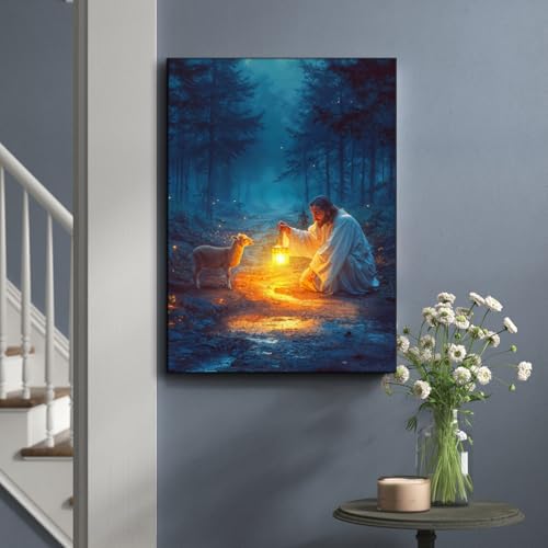 Christian Wall Art Jesus and Lost Lamb Canvas Poster - 16x24 Religious Home Decor - Variation of THIS listing