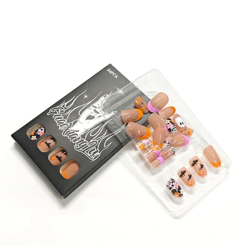 Halloween Short French Press-On Nails with Ghost Bat Pumpkin Flower Tips - Variation 13