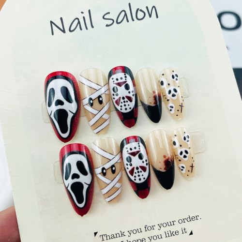 Halloween Press On Nails with Ghost Skull Design - Medium Almond Fake Nails - Variation of THIS listing